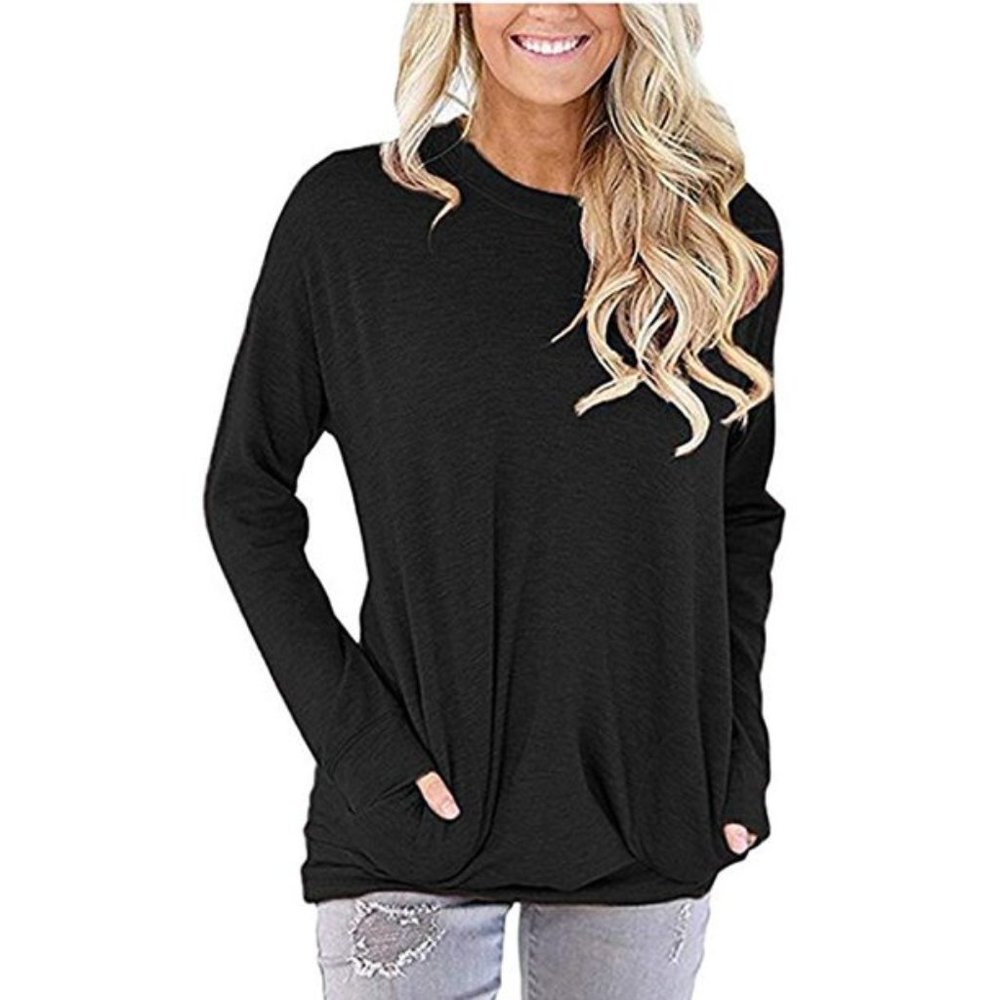 Solid Color Round Neck Long Sleeve T-Shirts Tops
